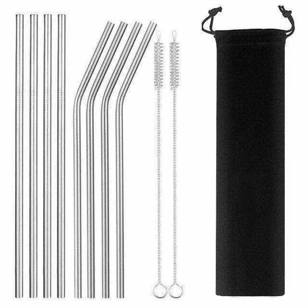 La Maison du Bambou 8 paille Argent + sac noir Lot de 8 pailles en acier inoxydable + 2 embouts en silicone et sac de rangement offerts - 3 couleurs