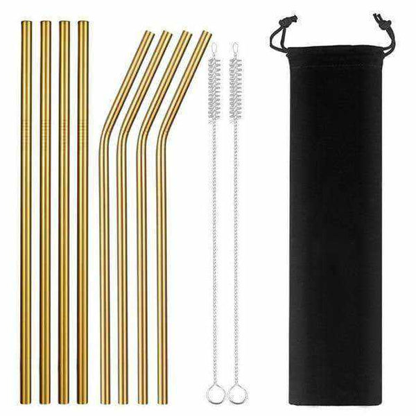 La Maison du Bambou 8 paille Or + sac noir Lot de 8 pailles en acier inoxydable + 2 embouts en silicone et sac de rangement offerts - 3 couleurs